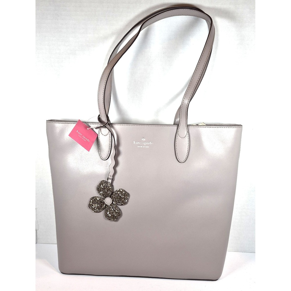 KATE SPADE Kerri Medium Zip Tote Taupe  Smooth Leather Glitter  Charm NEW